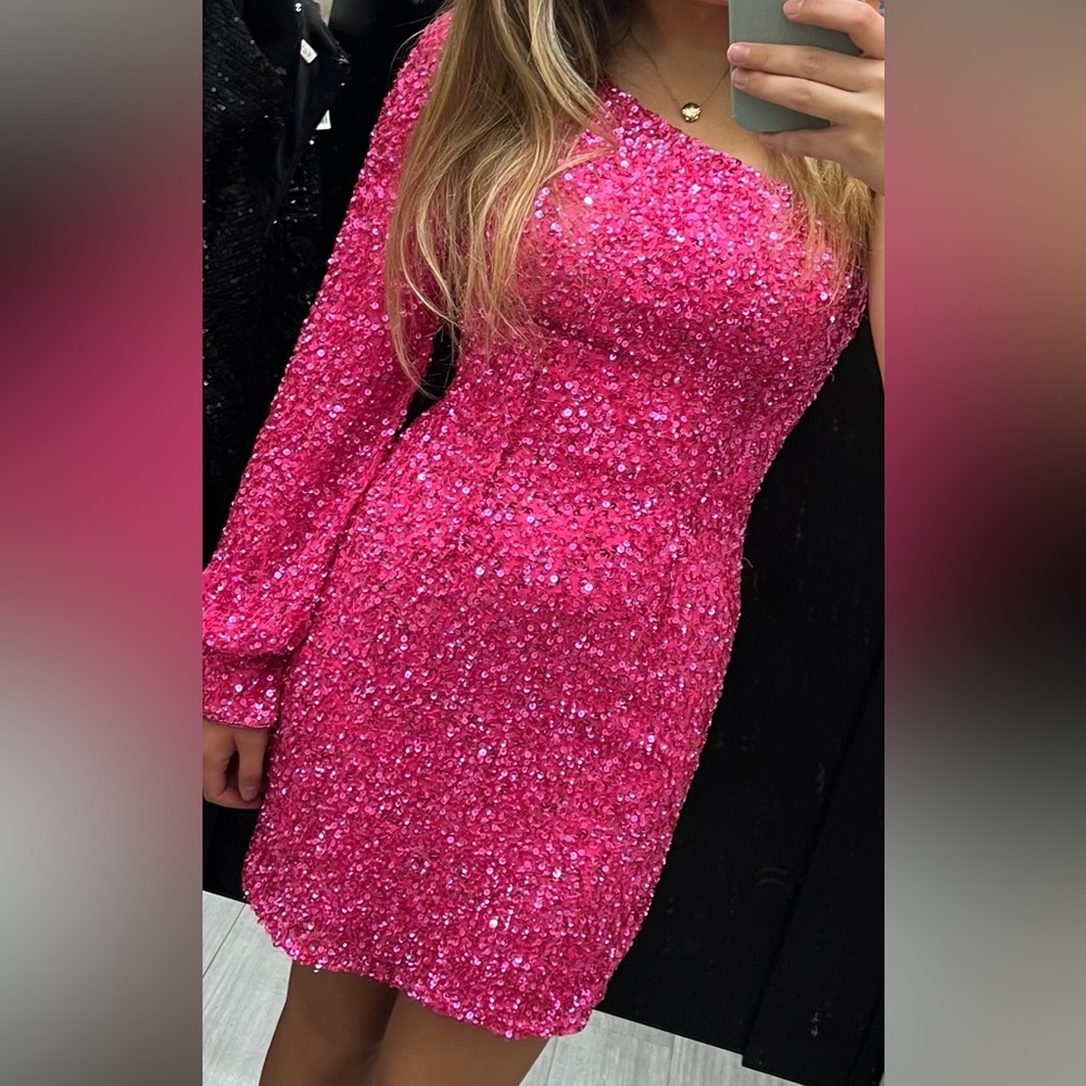 Rachel Allan 40255 Fushia One-Sleeved Homecoming Dress